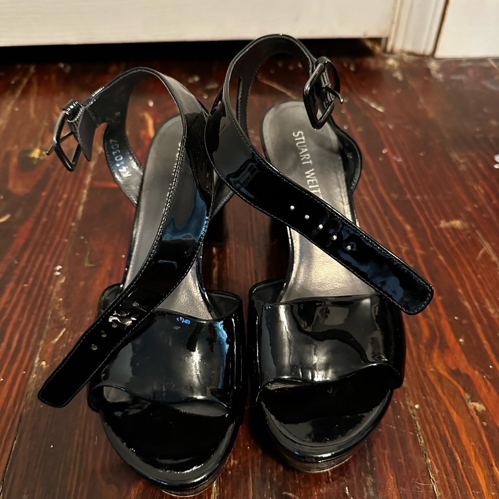 Stuart wietzman black patent leather chunky heel